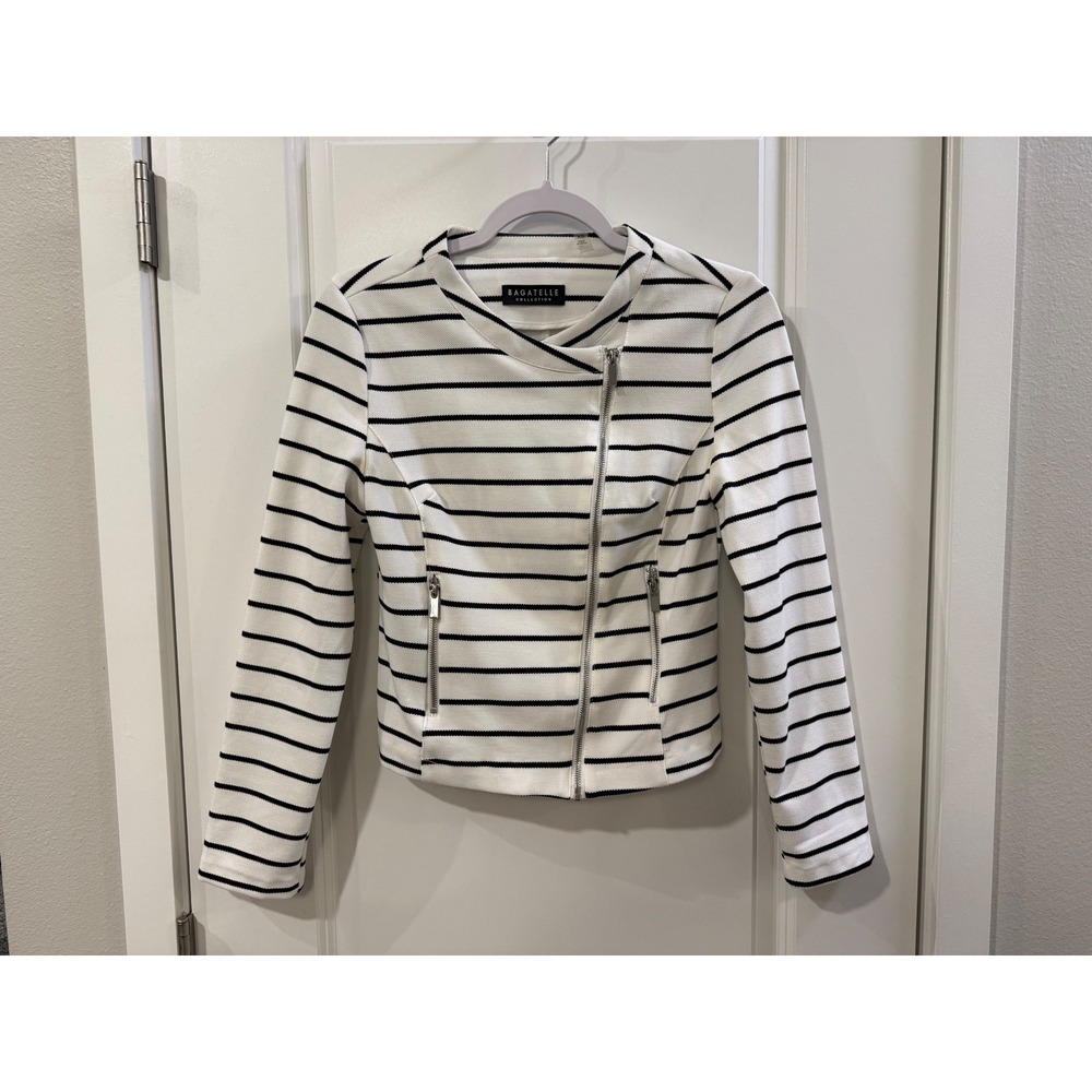Bagatelle Collection Womens XS Striped Moto Jacket White Black Asymmetric Zip
